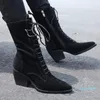 Stövlar Läder Tjockhårig Mid-tube Trendy Women's Patent Pointed Toe Lace-up High-Heel Motorcycle