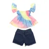 Clothing Sets Baby Children039s Girl039s Sleeveless Ruffled Boat Neck Colorful Short Tops With Ripped Jeans For Summer1070245