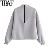 Traf Women Fashion Back Zipper Lose Asymetryczne bluzy Vintage High Collar Long Rleeve Pullover Chic Tops 210415