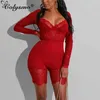 Colysmo Sheer Malha De Malha Mulheres Lace Splice Preto Playsuit Elastic Slim Fit Sexy Romper Red Party Club Jumpsuits 210527