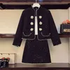 Autumn Winter Tweed Two Piece Set Women Pearl Sequin Jacket Coat + High Waist Skirt Suits Elegant Chic Ladies 2 210514
