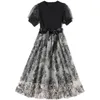 Sequins Womens Lace Dress Puff Sleeve Summer Bow Dress High-end Trend Lady Dresses Party Office Dresses