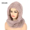 女性ニット本物のレックスのウサギの毛皮の帽子フード付きスカーフ冬の帽子首のスカーフ211119
