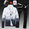 Fashion Men's Mixed Color Denim Jacket Jeans Pants With Shirt&Belt 4 Pieces Set Casual Style For Male N81 X0909