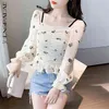 rose printed chiffon blouse women's spring square collor high waist short bandage Long Sleeve Shirt 5C225 210427