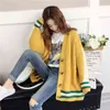 HSA Ankomster Kvinnor Varma Cardigans Casual Striped Loose Sweater Jumpers Öppna Stitch Oversize Stickade Jackor Yellow Coat 210417