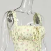 Colysmo Bustier désossé Femmes Bandoulière Floral Tops Summer Front Plissé Lace Up Corset Casual Vintage Print Crop Top 210527