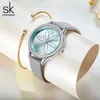 Shengke Women Watche 선형 꽃 표면 가죽 시계 크리스탈 케이스 일본 석영 운동 Reloj Mujer Montres Femmes 210720