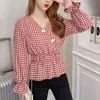 Women Pink Blue Plaid V-neck Lantern Long Sleeve Top Shirt Ruffle B0667 210514