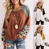 T-shirt da donna T-shirt da donna in cotone con stampa leopardata T-shirt a maniche lunghe con patchwork Top casual 2022 Abbigliamento autunnale