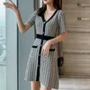 Summer Single-Breasted Houndstooth Retro Knitted Dress Women Sexy Short Sleeve Casual Mini Knitting Robe Femme 210514