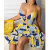 Fashion Women Sexy Backless Halter Geo Print Mini Dress Beach Dresses O-ring Cut-out Backless Frill Hem Summer Short Dresses 210716