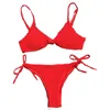 Kvinnors badkläder veck Röd sexig bikini Set Women String baddräkt Push Up 2021 Bundet Thong Brasilian Bathing Suit Swim Wear