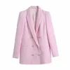 Evfer İlkbahar Sonbahar Moda Kız Kruvaze ZA Pembe Uzun Blazer Dış Giyim Kadın Şık Sleeve Slim Yün Ceketler Chic 211122