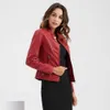 Elegant Stand Collar Red Leather Jacket Kvinnor Vår Höst Pu Coat Black Girls Faux Leather Jackor 210909