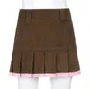 茶色のCorduroyプリーツのスカート女性ヴィンテージ90S審美的な女子高生ミニスカートレーストリム裾かわいいカワイイ服210607