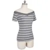 Nice-Forever Casual Basic Stripes Patchwork T-shirts Kortärmad med Slash Neck Kvinnor Sommar Toppar T042 210419