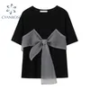 Yaz Yeni Büyük Yay Patchwork kadın T-shirt Kore Tarzı Gevşek Moda Tee Şık Streetwear Ins Kısa Kollu Rahat Tops 210417