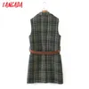 Kvinnor Khaki Plaid Pattern Long Vest Coat With Belt Office Ladies Waistcoat Ärmlös Blazer Elegant Top 3A15 210416