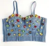 Färgglad Strass Denim Bustier Crop Top Camis Big Crystal Jean Korsett Push Up BH Sexiga Dam Tankar Blå