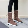 Flat Women Platform Calf Boots Mid Snow Round Toe Fashion Lace Up Female Shoes Warm Winter Svart Big Size 43 210 60 60