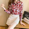 Korean Women Silk Shirts Blouses Woman Satin Print Long Sleeve Tops Plus Size Floral Ruffles Top 210604