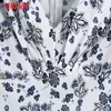 Summer Women Floral Print Elegant V Neck Kortärmad Ladies Midi Dress Vestidos 6Z32 210416