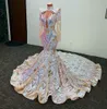 Роскошь Sparkly Mermaid вечерние приемные платья с длинным рукавом Applique Seuqins Высокая шея Африканский ASO EBI выпускные платья Оградки де SOSIRÉE PAEALETTE