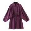 因果女性紫色のターンダウンカラードレスファッションレディースルーズドロースティングドレスストリートウェア女性シックミニVestidos 210427