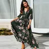 Vintage print sommar single-breasted drwomen 2019 elegant natt lång fest klänningar boho stil v neck strand maxi drfemale x0621