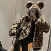 Caldo cappotto di pelliccia in inverno Lovely Girl Leopard Print Rabbit Ears Vintage Hooded Faux s Thick Outwears 210510