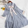 Neploe Süße Peter Pan Kragen Chiffon Frauen Kleid Chic Blumendruck Mittellange Kleider Frühling Herbst Hohe Taille Vestidos 210423