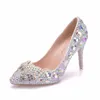 New Stiletto Rhinestone Bow Women's Shoes Pointed Toe Large Size Wedding Pumps Handmade Sparkling Sequins High Heels
