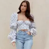 Moda Outono Blue Curto Tops Sexy Longo Slow Sleeve Mulheres Imprimir Clube Celebridade Casual Runway Party Crop Top 210423