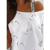 Mode Off Shoulder T-shirt Dames 2021 Zomer Casual Tops Sexy Lovertjes Korte Mouw Tees Floral Print Losse Dames T-shirt Y0629