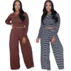 Klassisk Mode Kontrast Striped Tryckt Casual 2 Piece Outfits Kvinnor Sätter Långärmad Pullover Tunika Wide Leg Pants Office Suit 210525