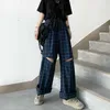 Houzhou Plaid 바지 Harajuku 빈티지 한국어 패션 넓은 다리 구멍 바지 여성 똑 바른 캐주얼 Dropshipping Q0801