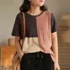 Johnature Verão Patchwork Malha Mulheres Roupas O-pescoço Vintage t - shirts manga curta solta casual feminina tops 210521