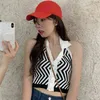 Polo Collar, Strapless Neck Streetwear Front Buttons Camis Fashion Blue Wave Pattern Top Vintage Knitted Women Tank 210529