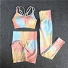 Traje de Yoga para mujer, conjunto de ropa deportiva con tinte de corbata, mallas de entrenamiento, pantalón Push Up, pantalones cortos de gimnasio, Sujetador deportivo sin costuras para Fitness, chándal