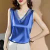 Lucyever Silk Satin V Neck Tank Top Women Summer Loose Solid Color Sleeveless Shirts Woman Plus Size Lace Blouse Top 210521