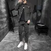 남자 Tracksuits 봄 가을 망 Streewear 캐주얼 세트 패션 슬림 데님 정장 남자 2 조각 세트 싱글 브레스트 자켓 청바지