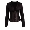ブラックホワイト高品質ディープVネック長袖コルセットトップ女性ローカットシャツ2022春のオフィスレディエレガントブラウス女性シャツ
