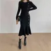 Robe élégante femme fête nuit automne hiver pull tricoté à volants moulante robes longues Style coréen robe pull mode 2021 G1214