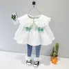 Baby Set Girl Lace Fold Clothes Fashion Top Denim Jeans Trousers Children born Costume 1 2 3 4 Years 210429