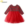 1-5Y Natale Plaid Rosso Bambino Del Capretto Del Bambino Delle Ragazze Manica Lunga Tutu Arco Festa di Compleanno di Nozze Vestito Dalla Ragazza Costumi di Natale 210317