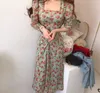 Lente jurk vrouwen vintage bloem print lange mouw partij Korea elegante bladerdeeg casual slanke midi vestido 210519