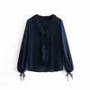 Vintage Chic Women Dark Blue Ruffles Lace-Up Cuffs Chiffon Blouse Elegant V-Neck Shirts Casual Blusas Mujer 210531