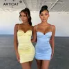 Articat Satin Spaghetti Rem Ruched Klänning För Kvinnor Solid Ärmlös Zipper Mini Dresses Ladies Sexig Backless Beach Wear X0521