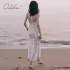 Zomer vrouwen maxi sexy backless halter mouwloze witte kant lange tuniek strand jurk 210415